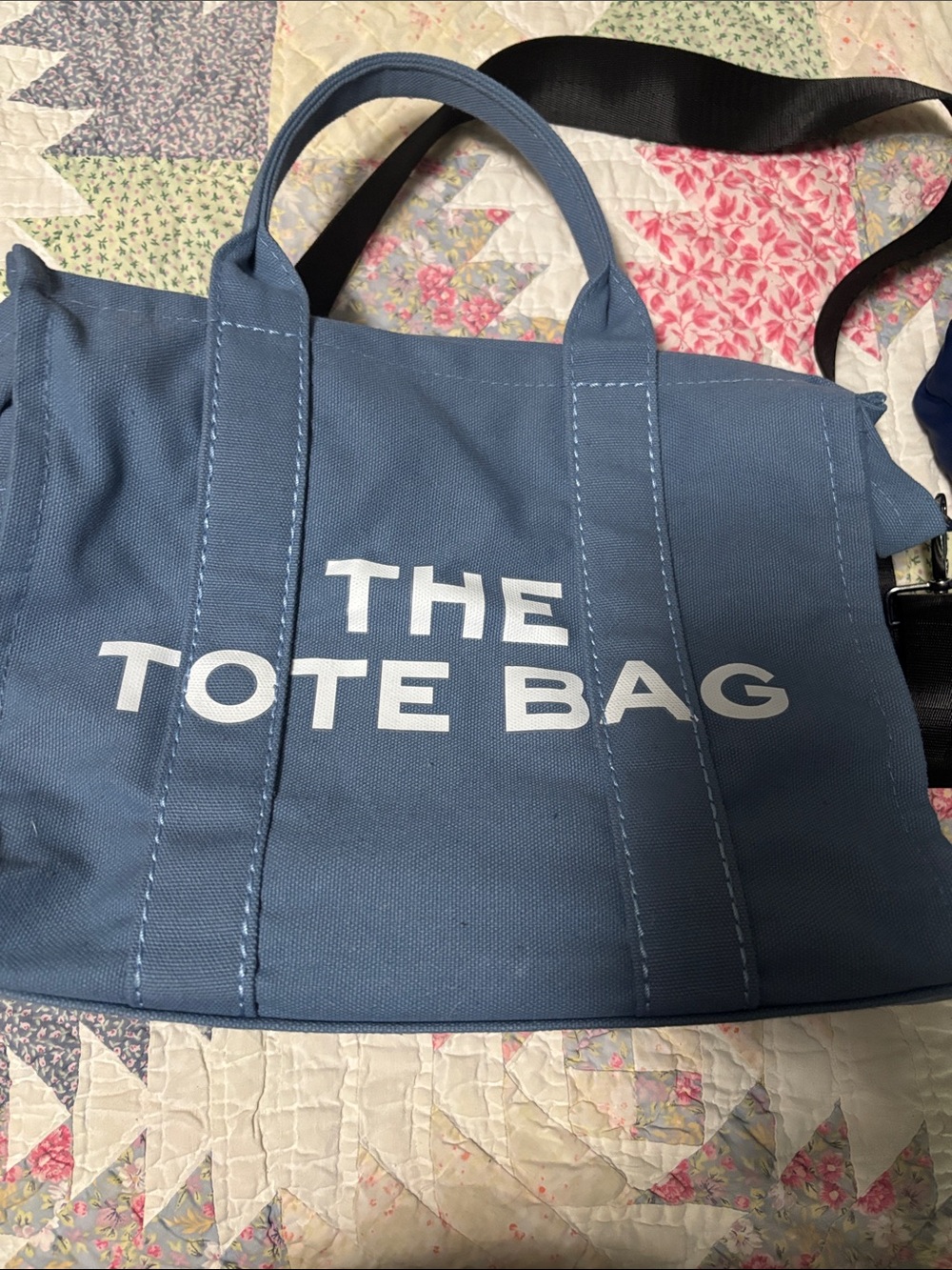 Blue Canvas Tote Bag with White 'THE TOTE BAG' Print
